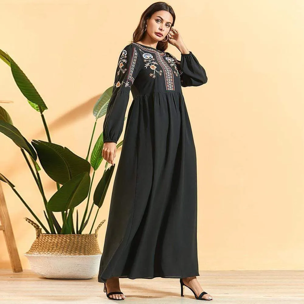 Black Maxi Dress Ethnic Floral Embroidery