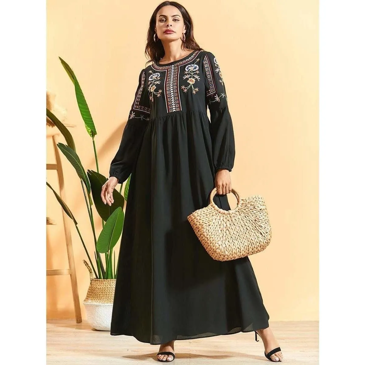 Black Maxi Dress Ethnic Floral Embroidery