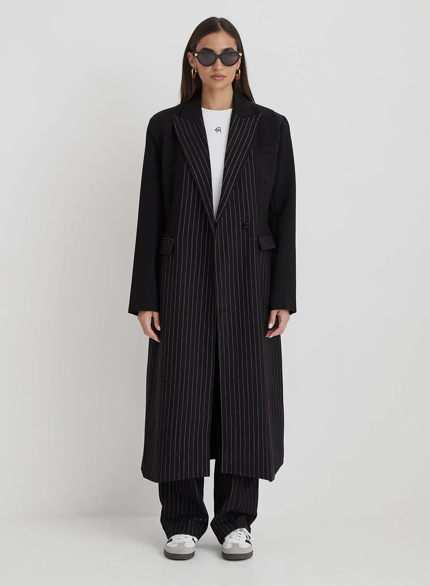 Black Pinstripe Tailored Longline Jacket - Libby