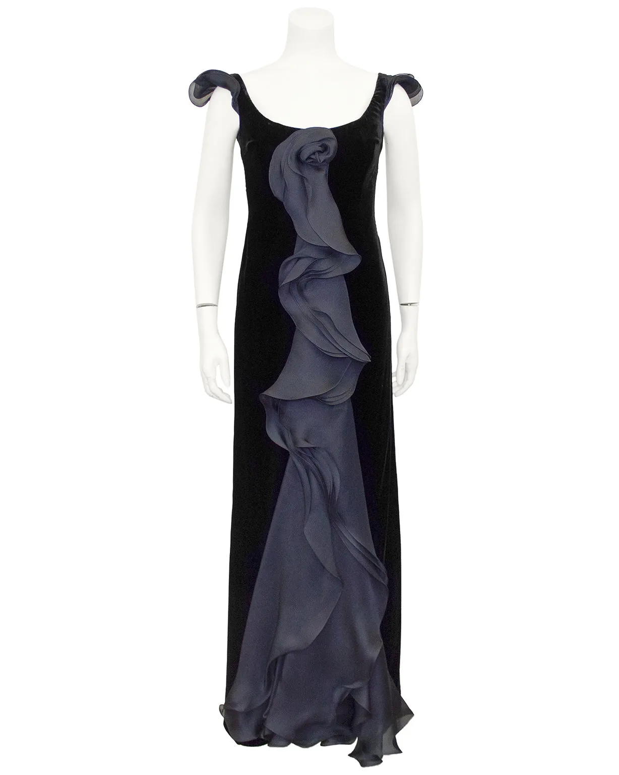 Black Velvet Gown with Cascading Layered Chiffon