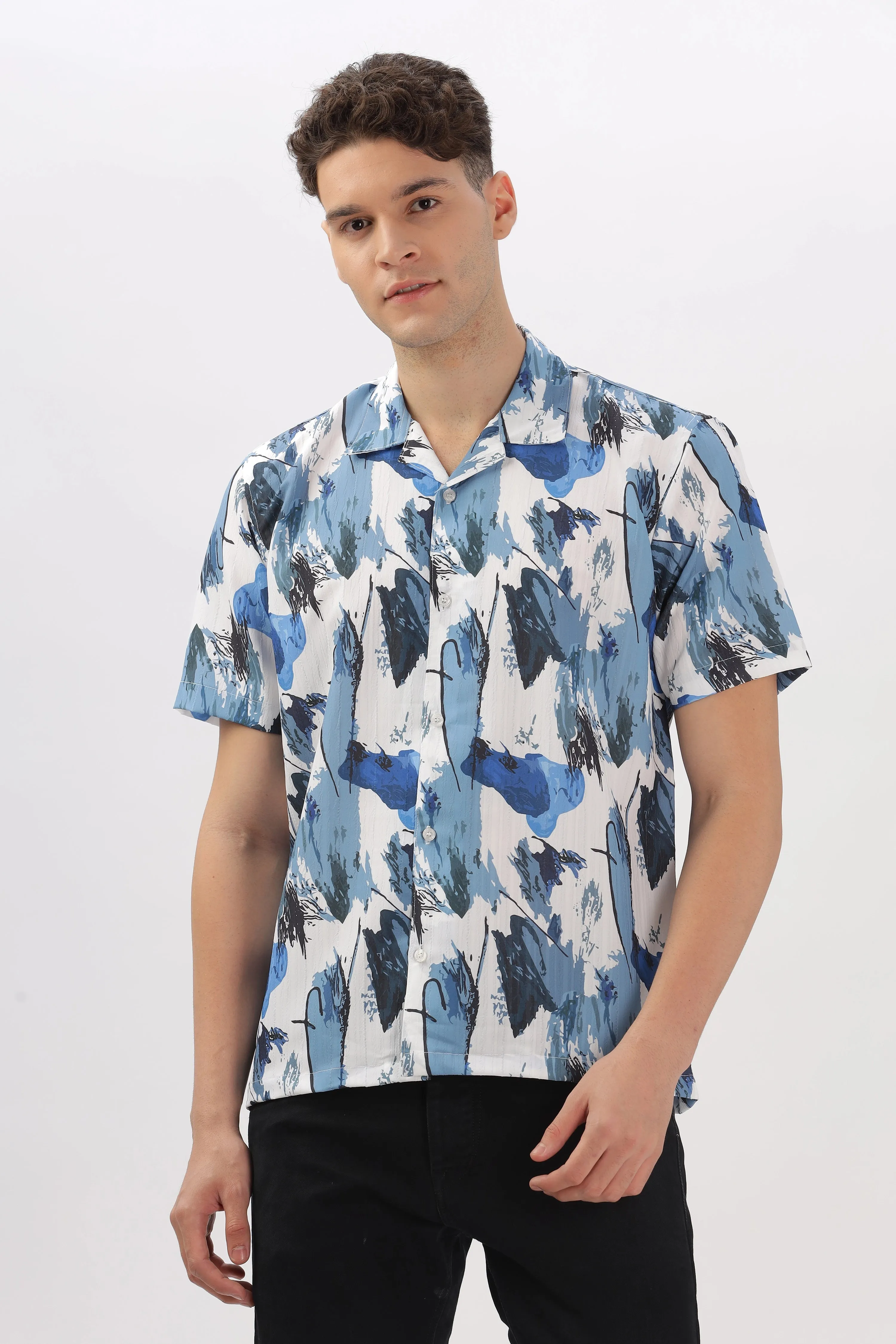 Blue abstract printed popcorn shirt