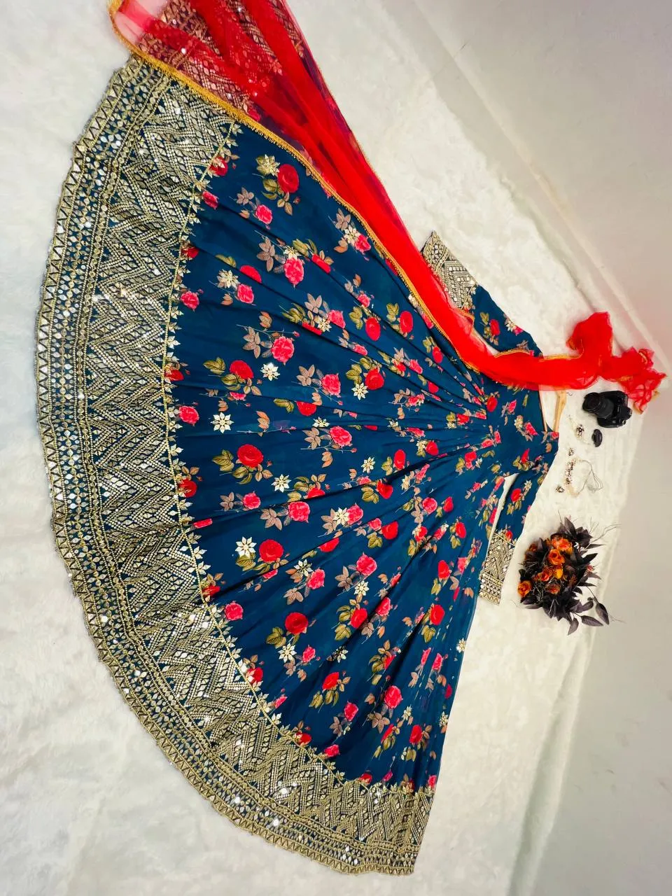 Blue Color Floral Printed Embroidery Work Designer Gown