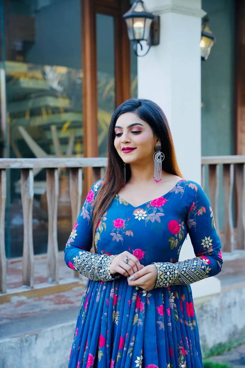 Blue Color Floral Printed Embroidery Work Designer Gown