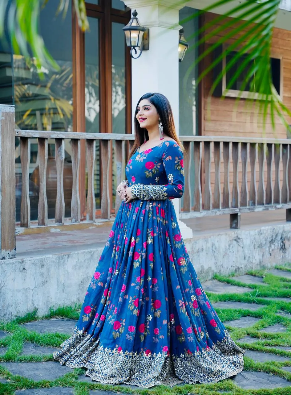 Blue Color Floral Printed Embroidery Work Designer Gown