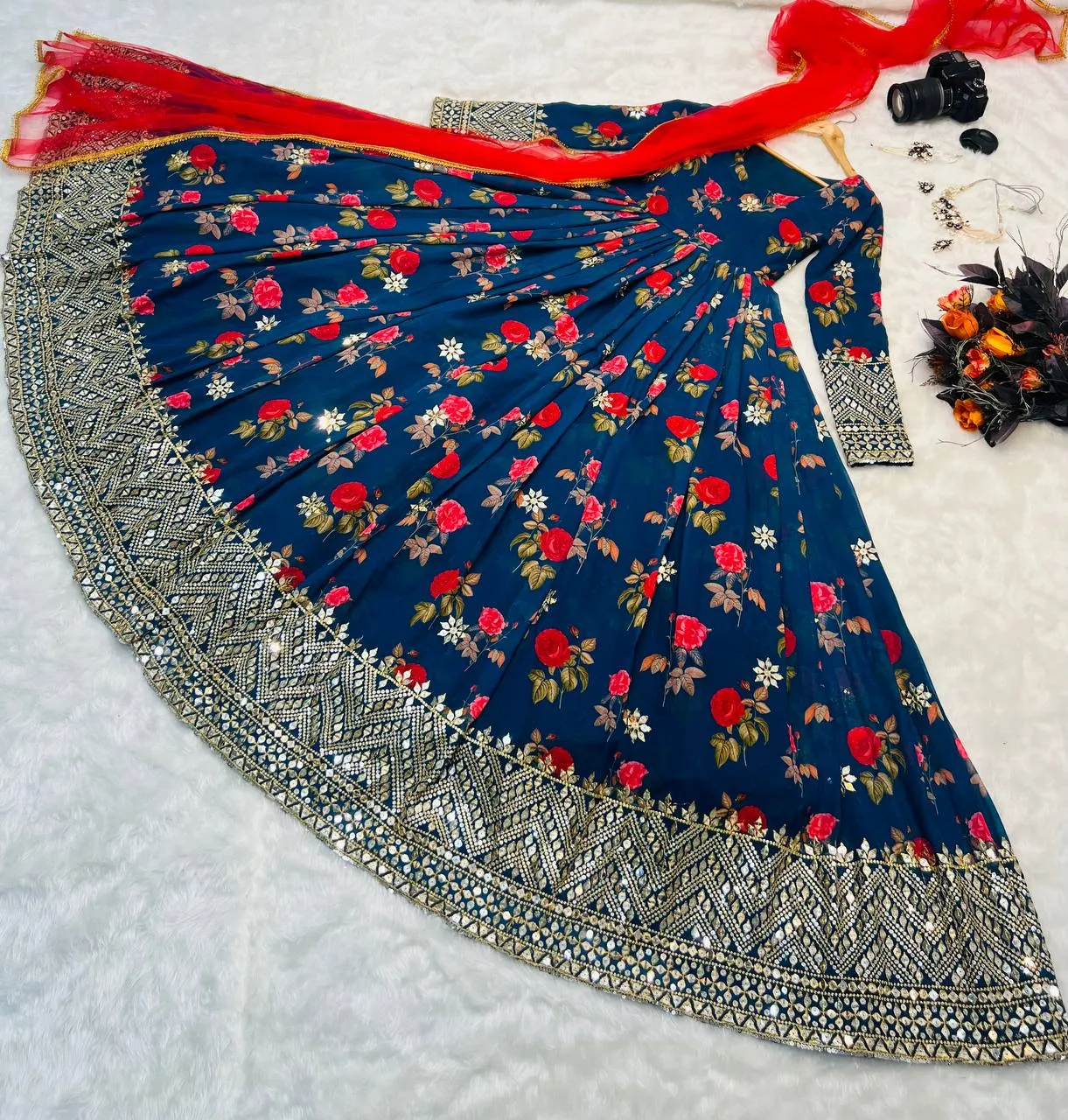 Blue Color Floral Printed Embroidery Work Designer Gown
