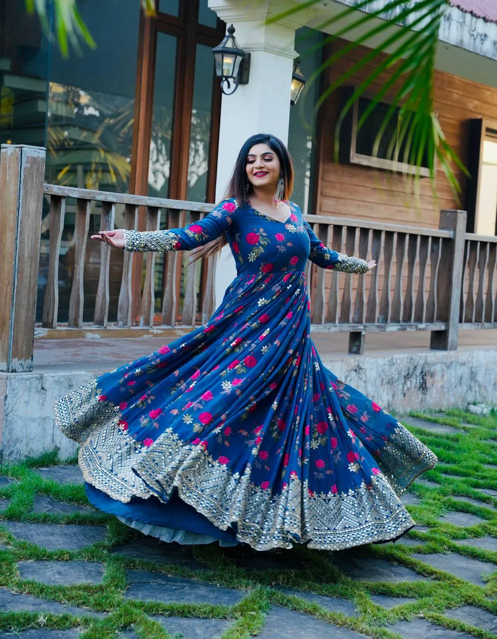 Blue Color Floral Printed Embroidery Work Designer Gown