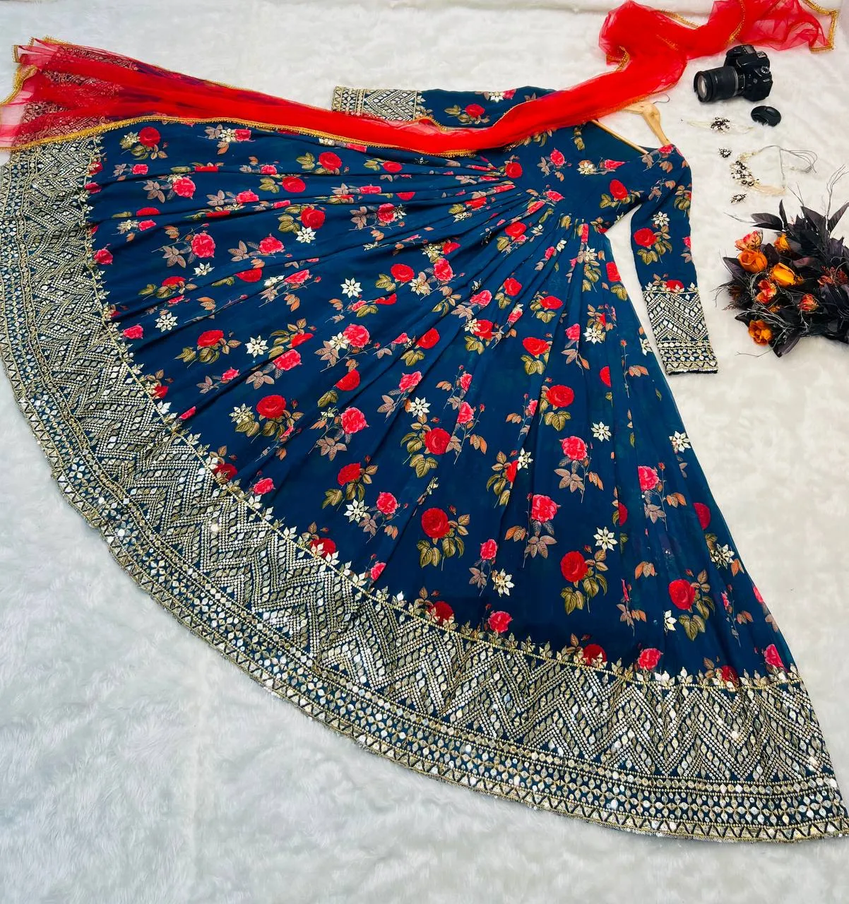Blue Color Floral Printed Embroidery Work Designer Gown