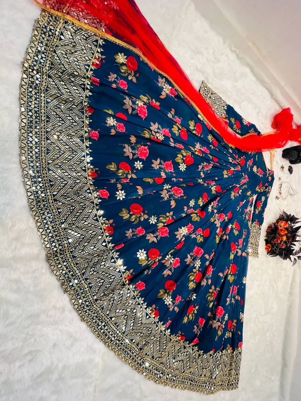 Blue Color Floral Printed Embroidery Work Designer Gown
