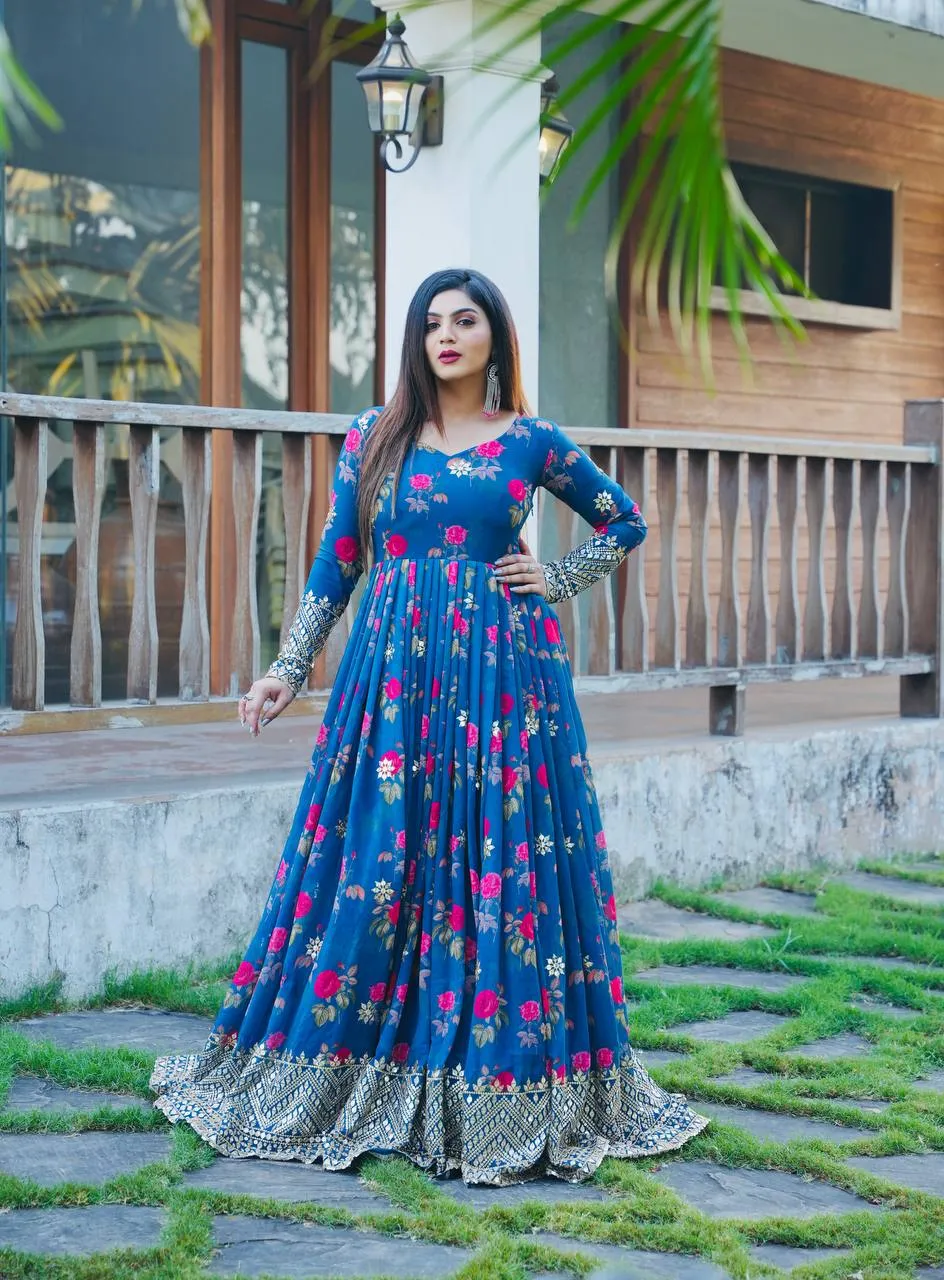 Blue Color Floral Printed Embroidery Work Designer Gown
