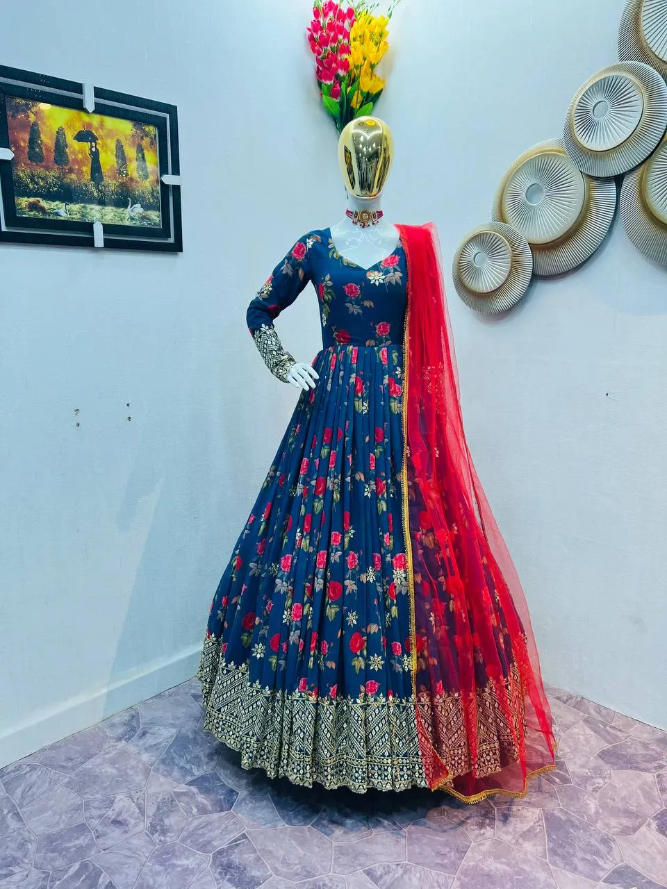Blue Color Floral Printed Embroidery Work Designer Gown