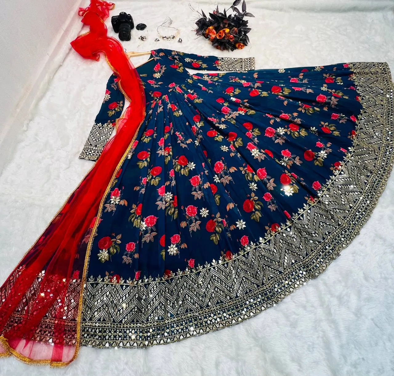 Blue Color Floral Printed Embroidery Work Designer Gown