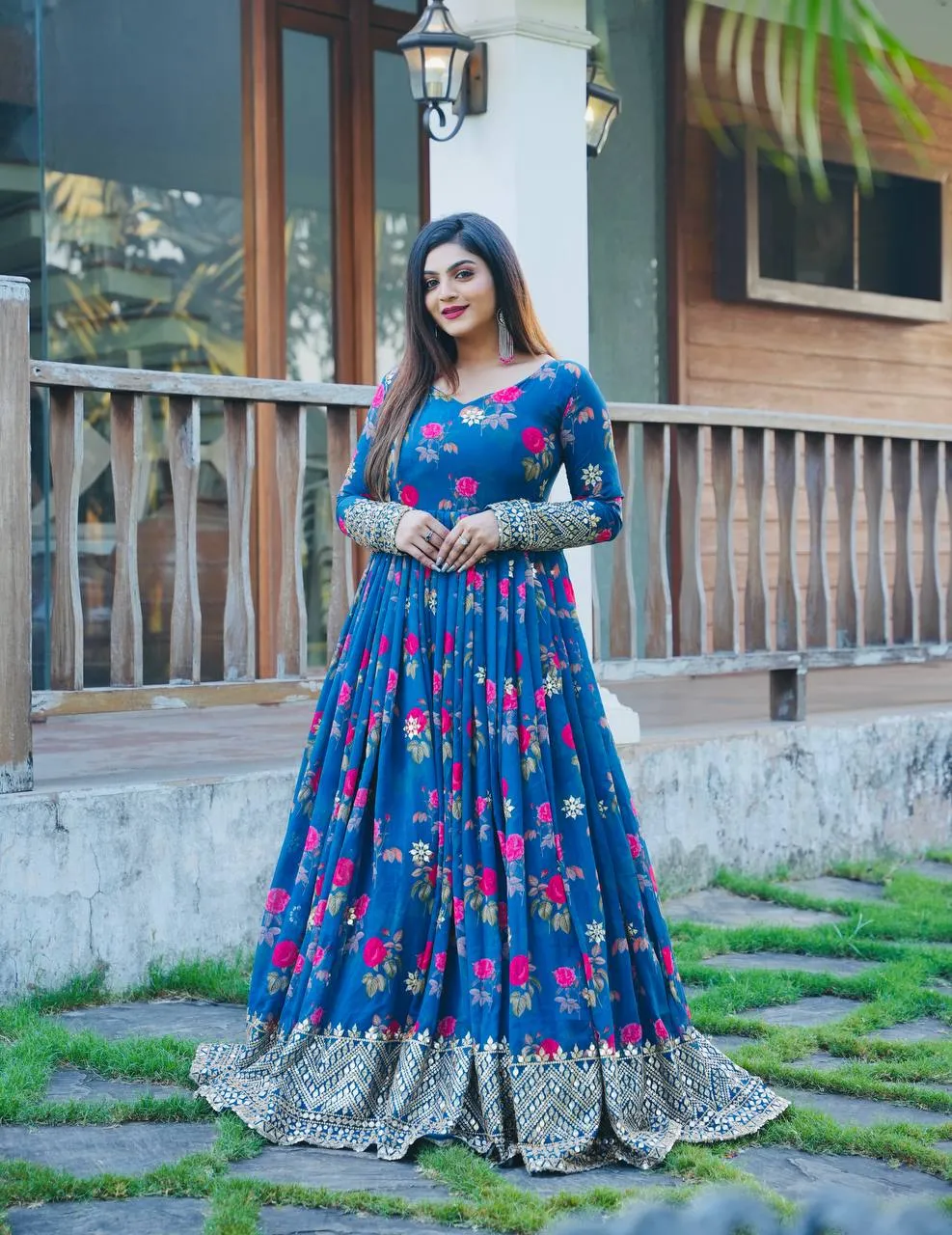 Blue Color Floral Printed Embroidery Work Designer Gown