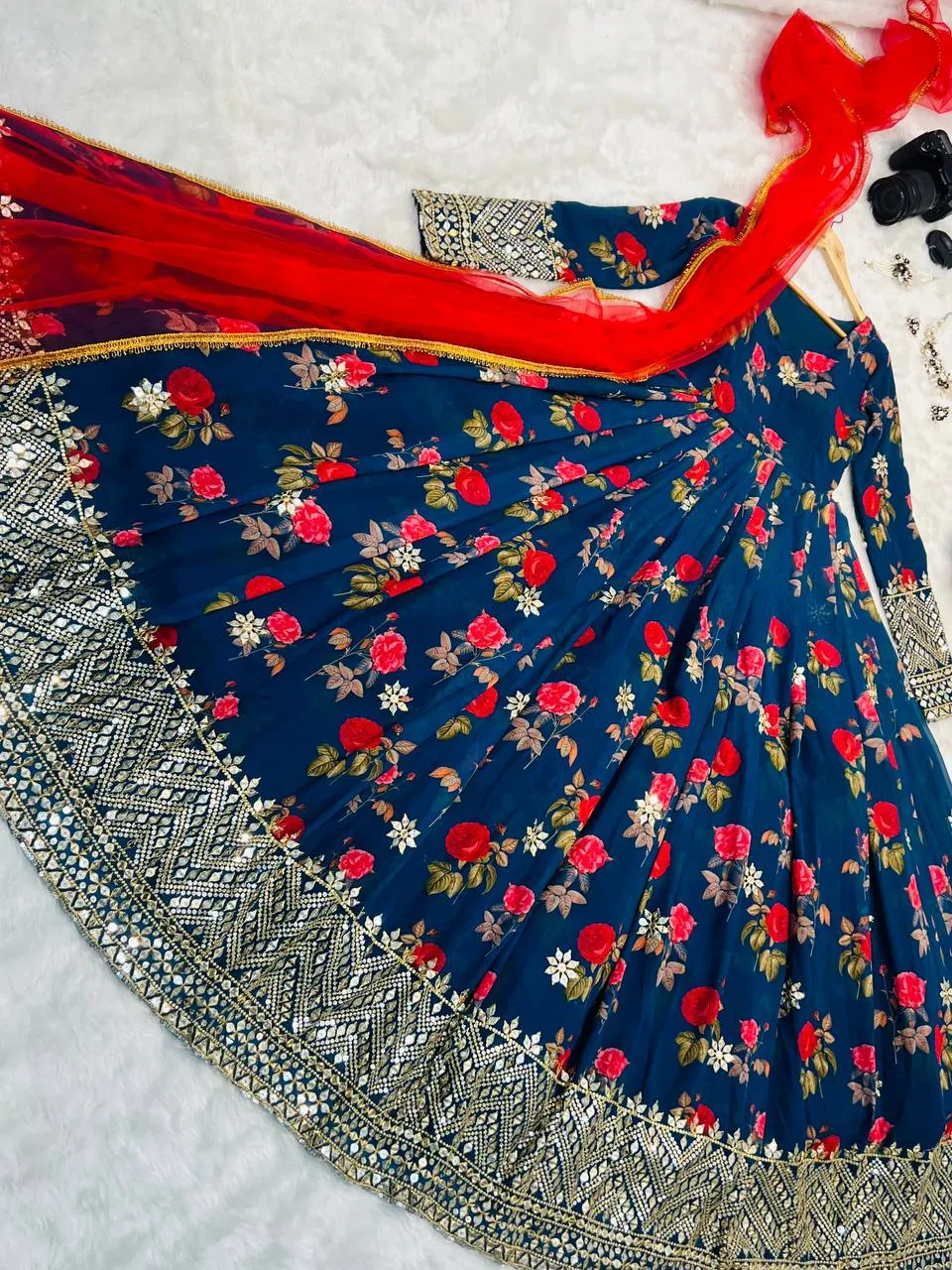 Blue Color Floral Printed Embroidery Work Designer Gown