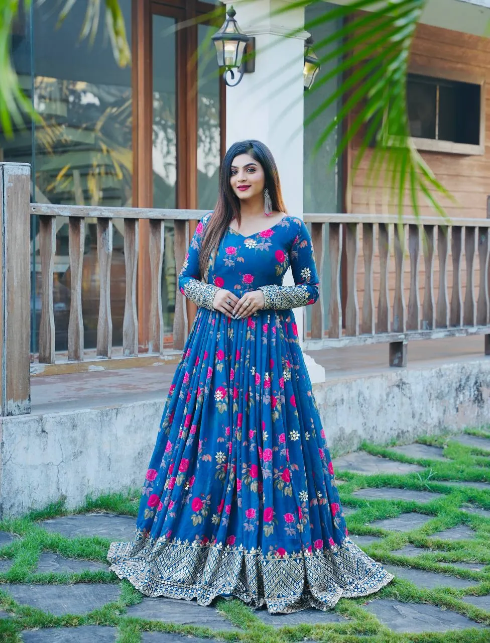 Blue Color Floral Printed Embroidery Work Designer Gown