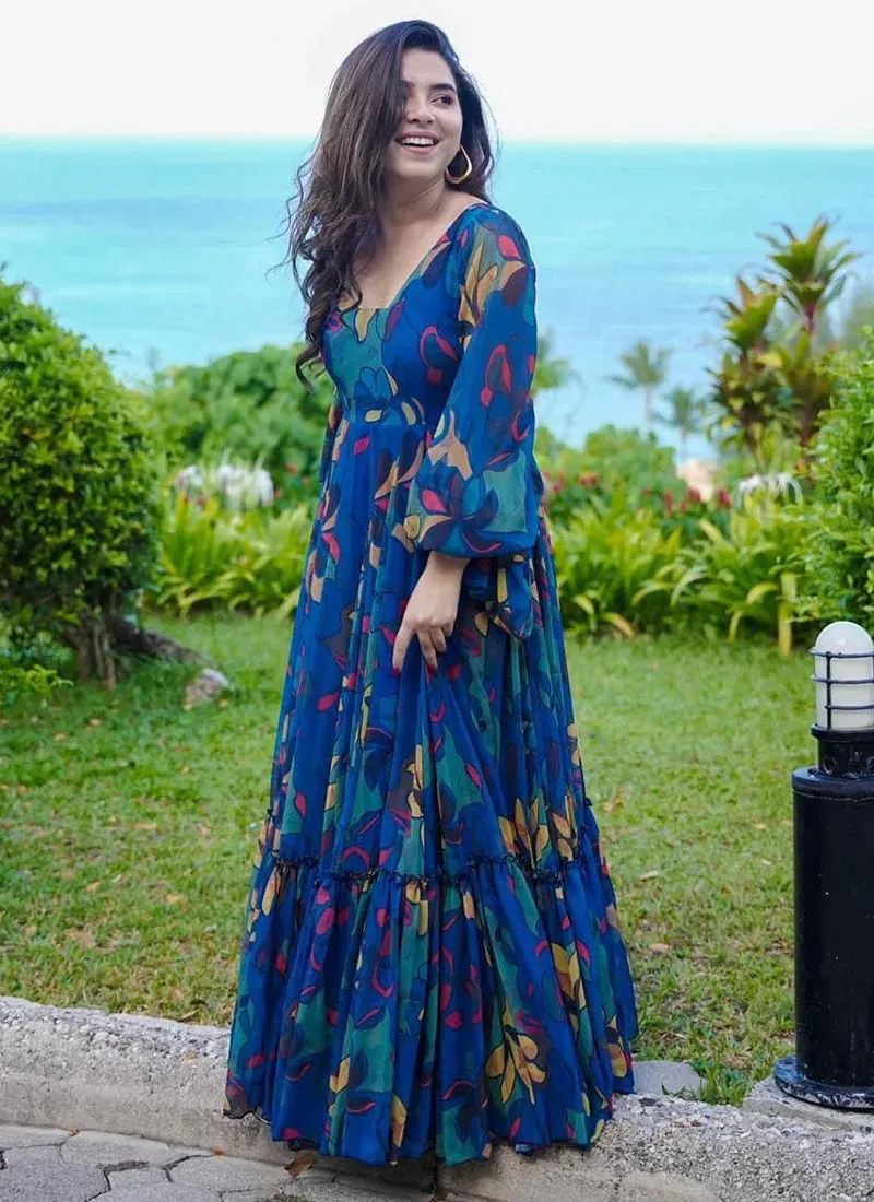 Blue Digital Printed Fully Flared Gown