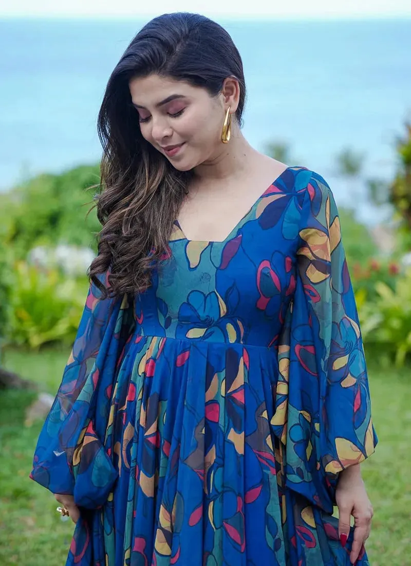 Blue Digital Printed Fully Flared Gown