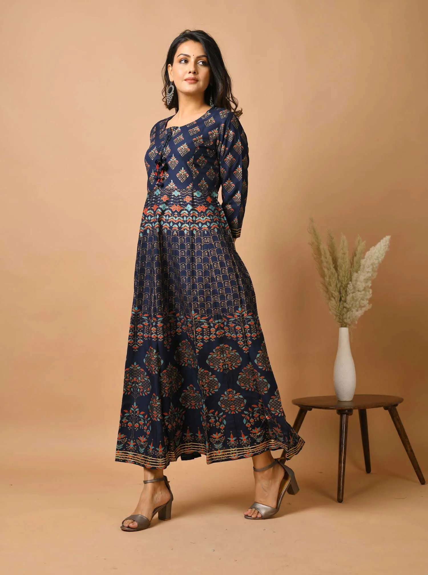 Blue Gold Printed Anarkali Ethnic Gown