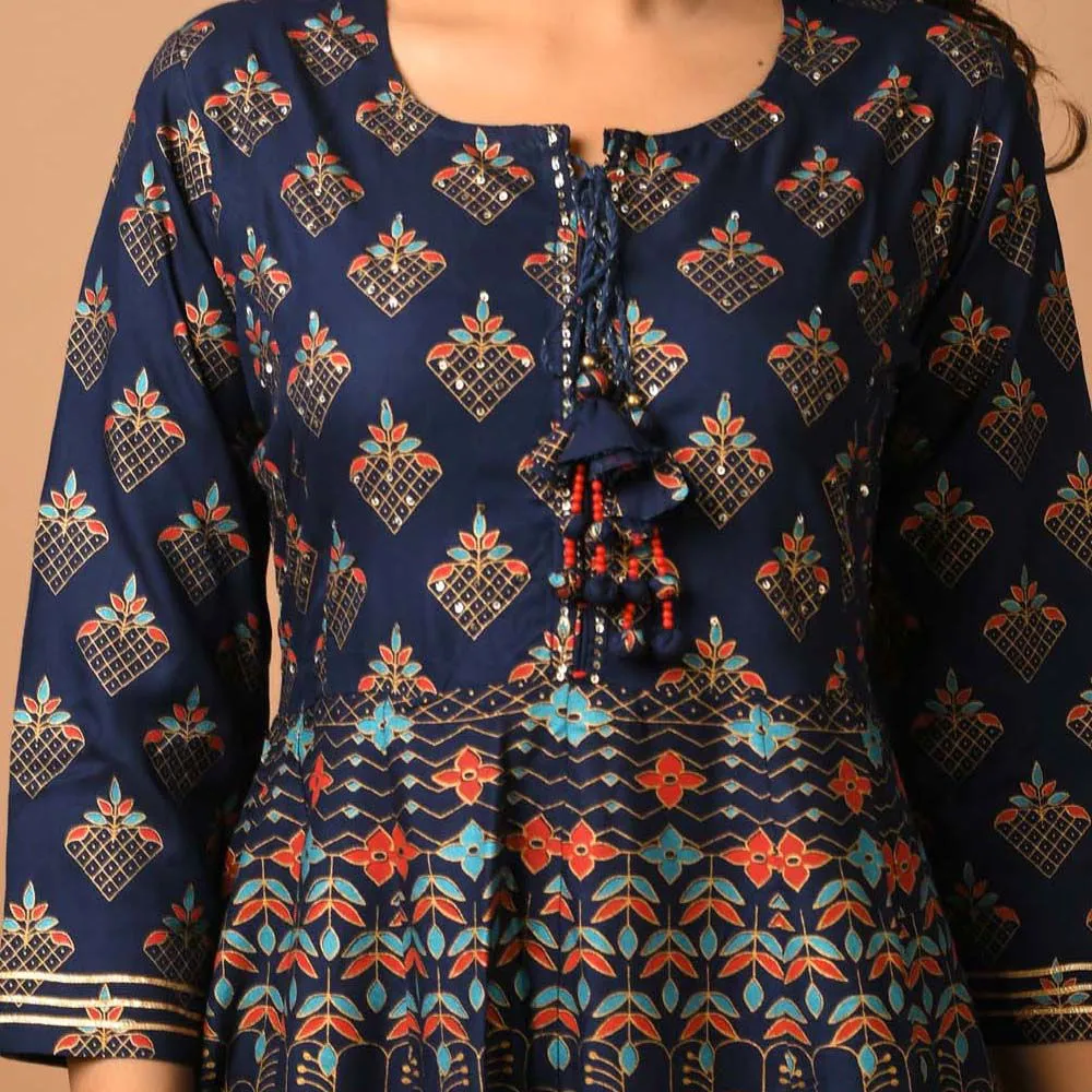 Blue Gold Printed Anarkali Ethnic Gown