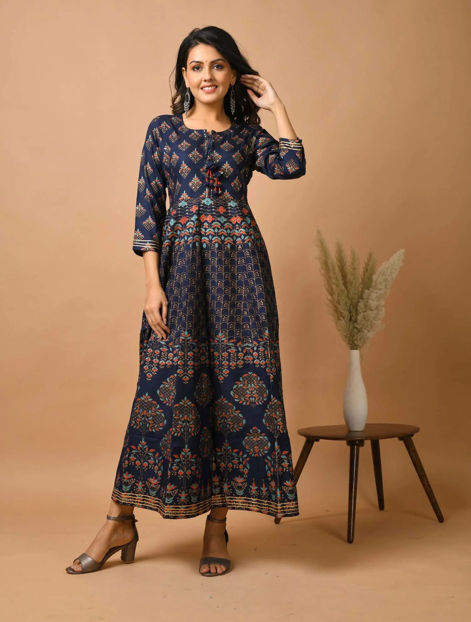 Blue Gold Printed Anarkali Ethnic Gown