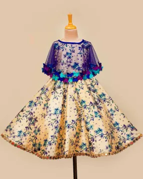 Blue Printed Gown And Net Cape With Butterfly Petals