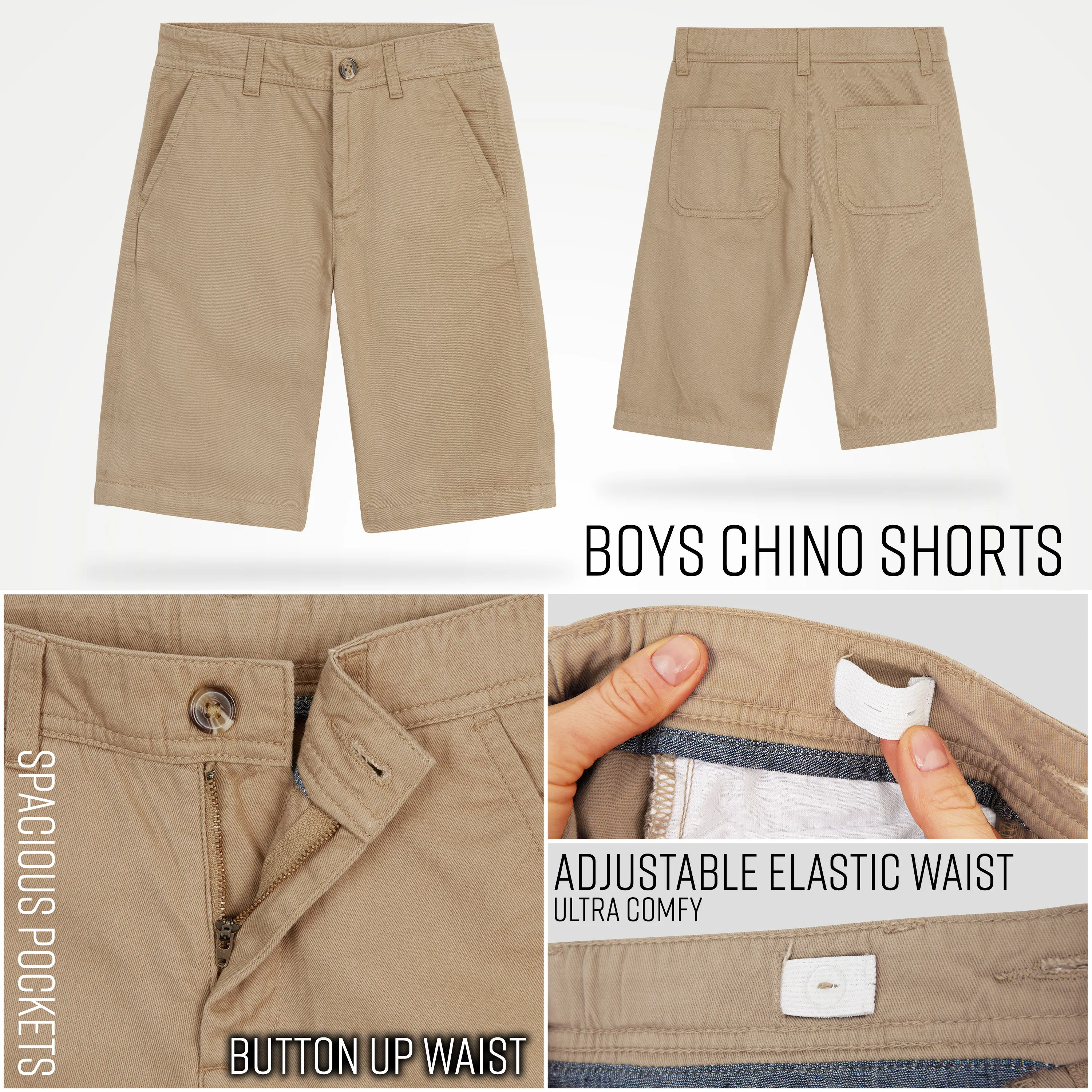 Boys' Chino Shorts,  Knee Length Boys Shorts with Adjustable Waist