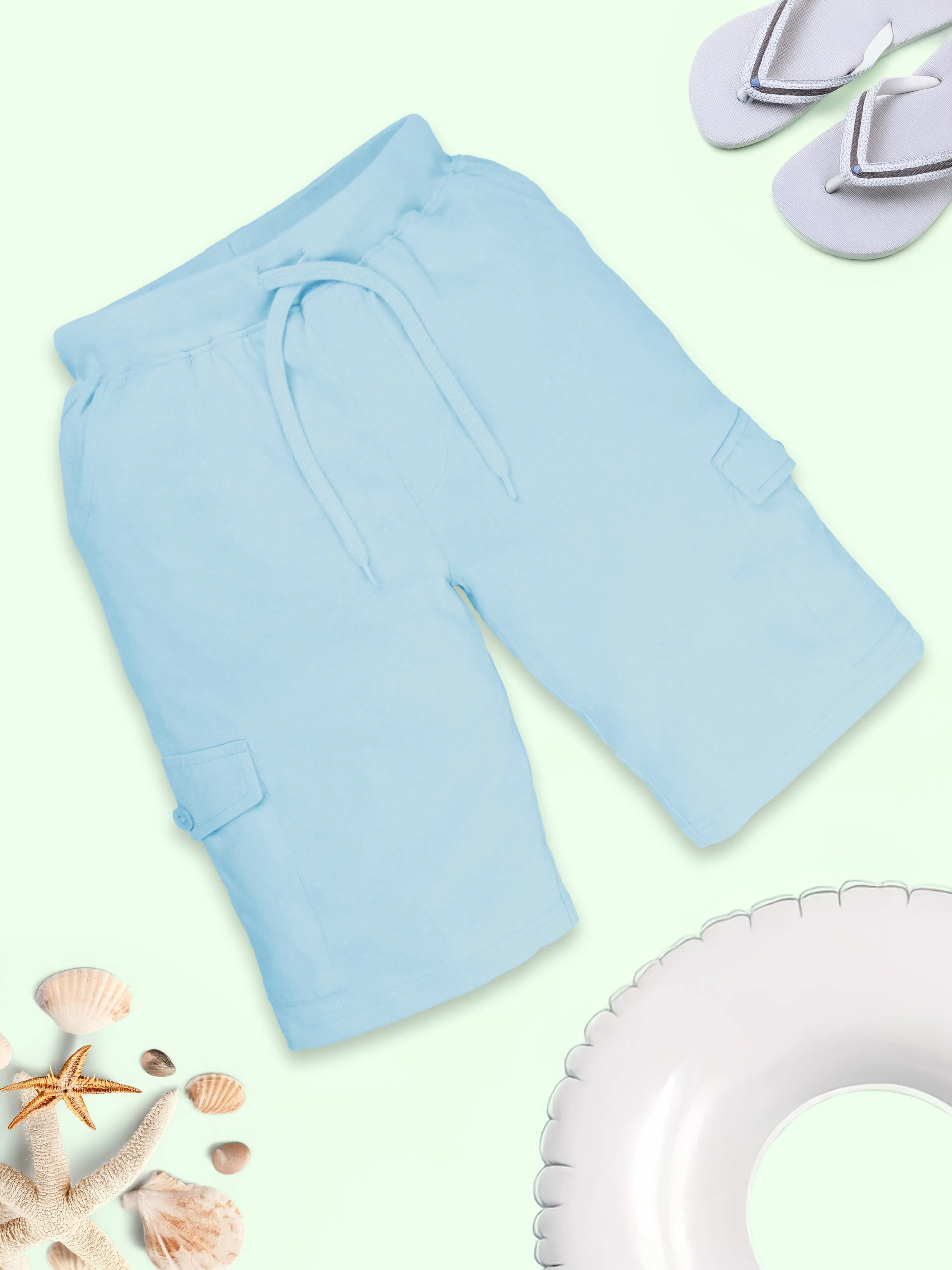 Boys Solid Knee Length Cargo Shorts Pack Of 2