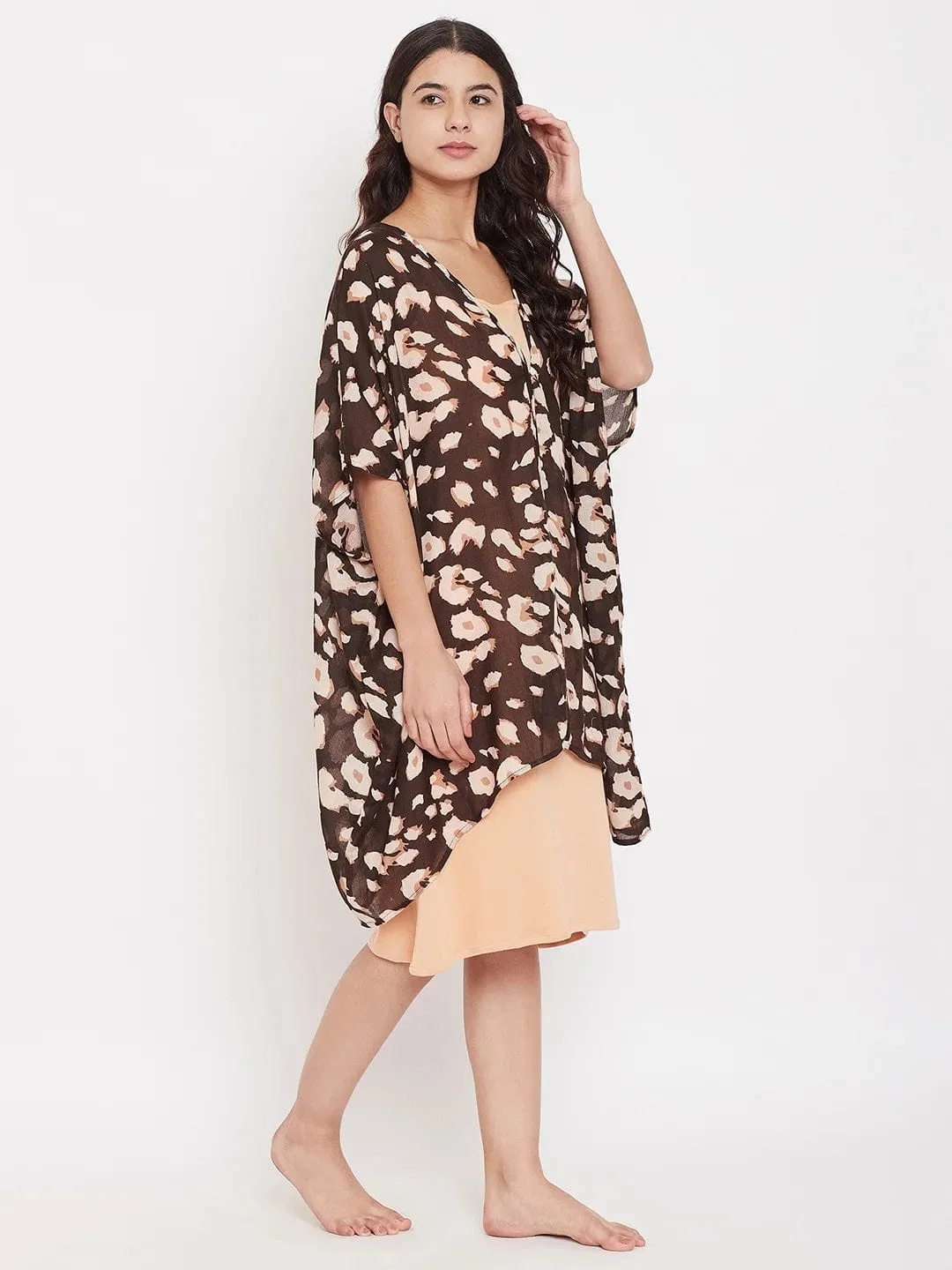 Brown Animal Print Kaftan Coverup with Slip (Final Sale)