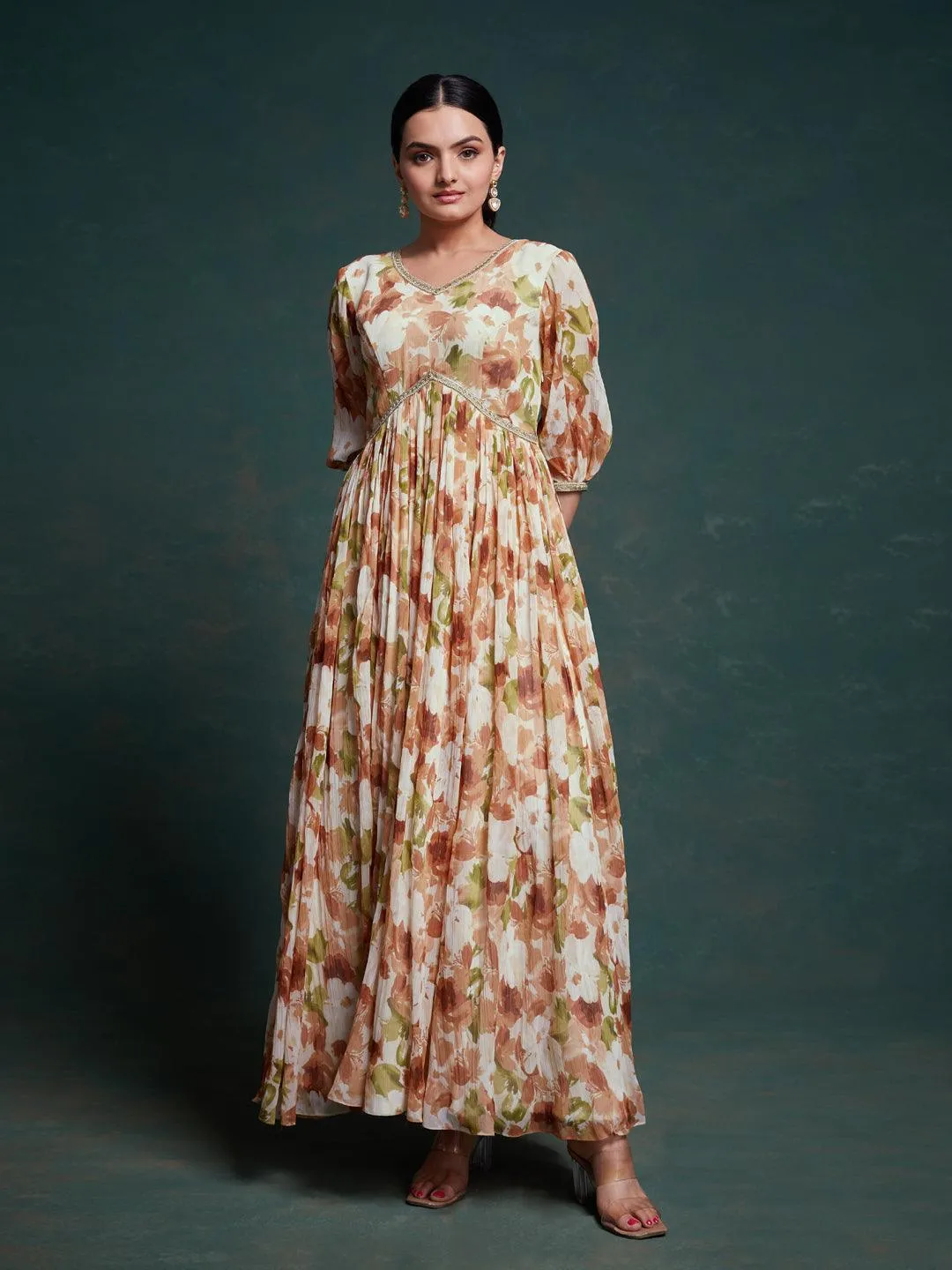 Brown color chiffon ready-to-wear gown