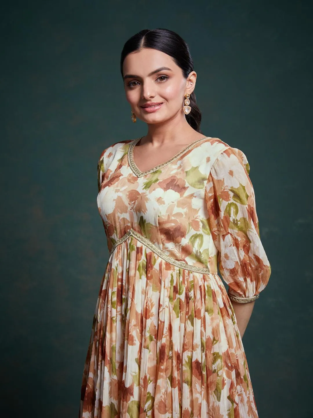 Brown color chiffon ready-to-wear gown