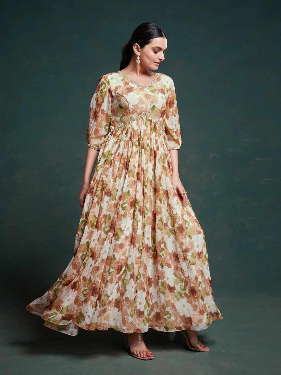 Brown color chiffon ready-to-wear gown