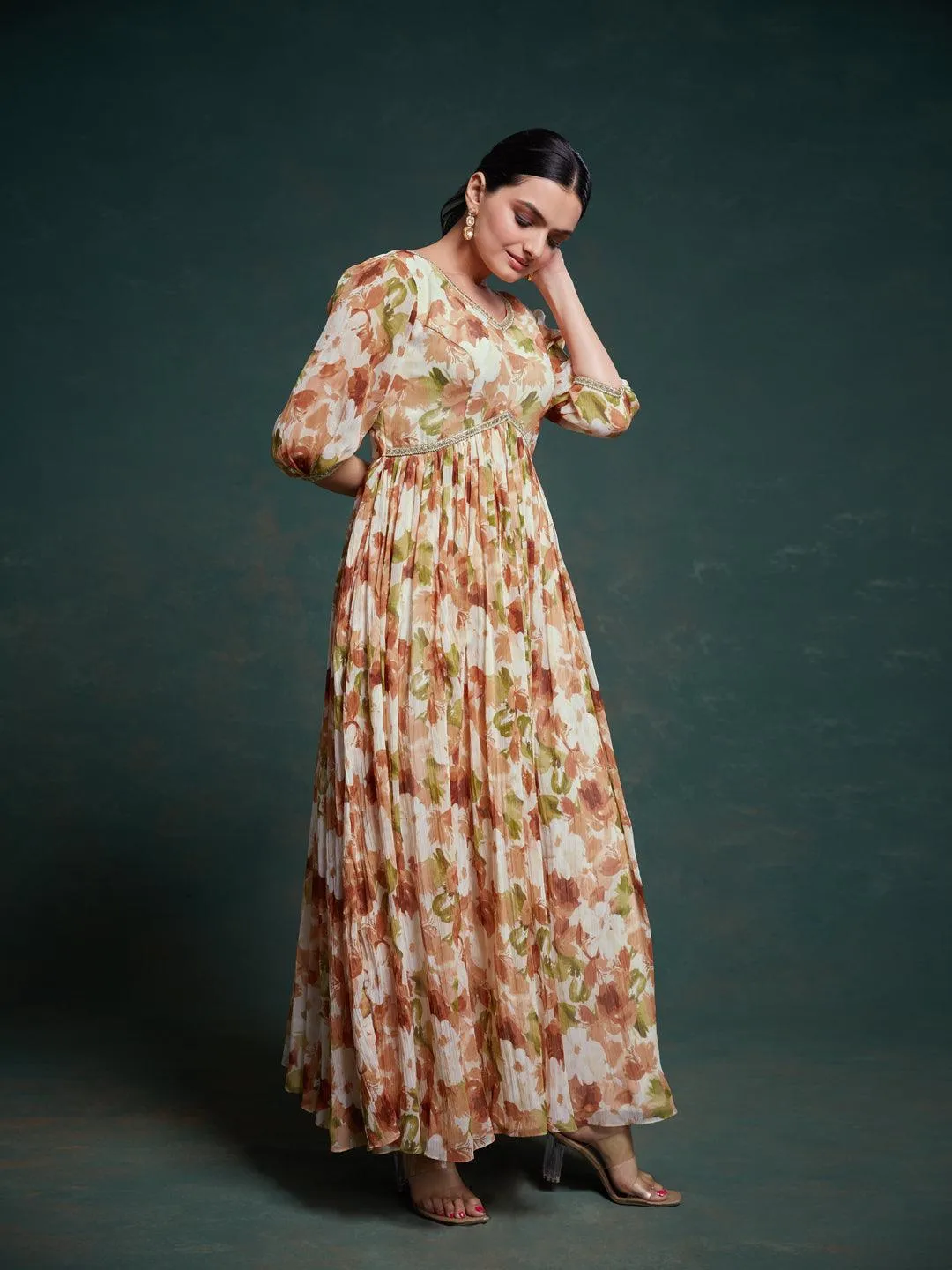 Brown color chiffon ready-to-wear gown