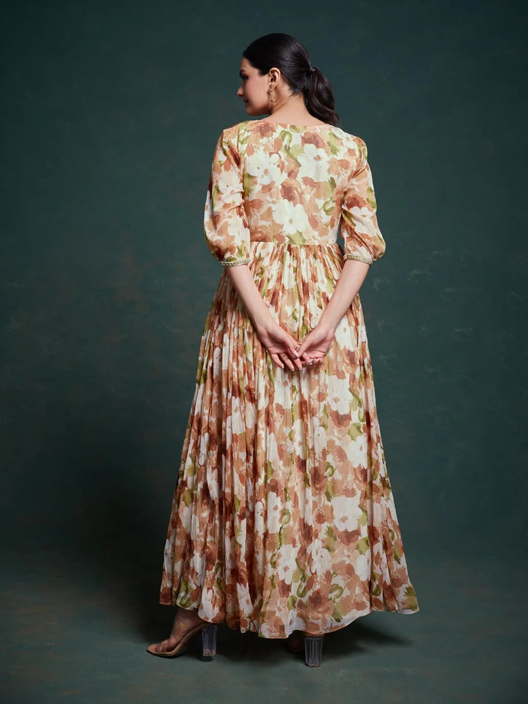 Brown color chiffon ready-to-wear gown