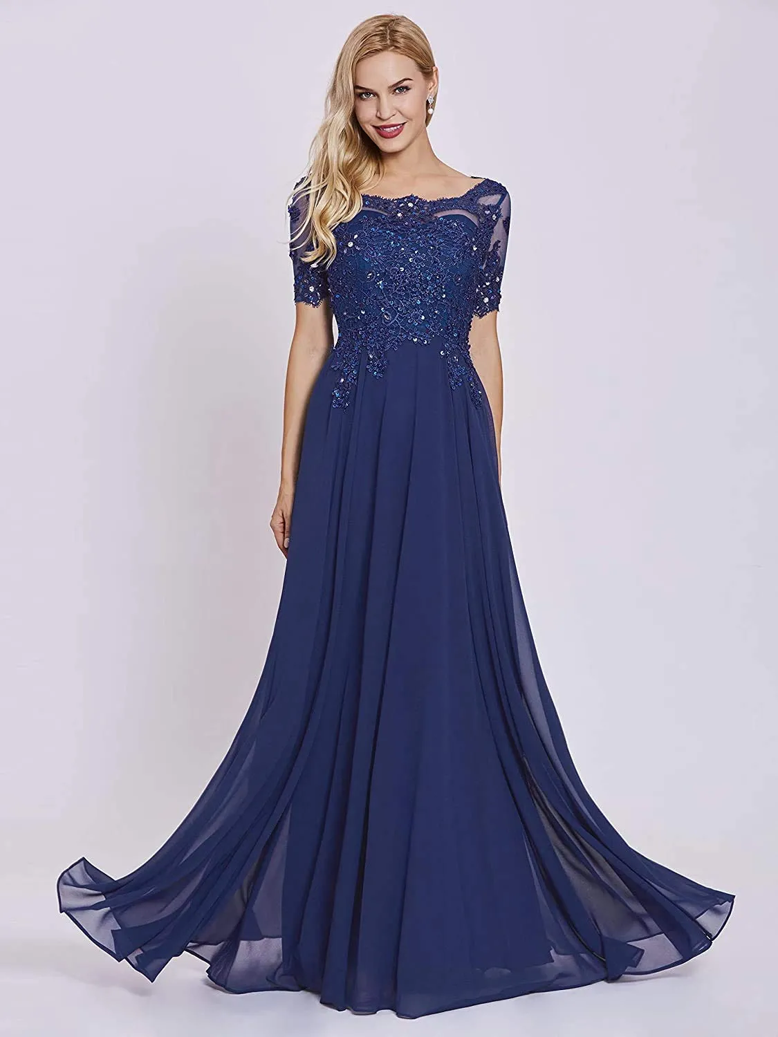Brown Women's Long Mother of The Bride Dresses with Sleeves Bateau Neck Beaded Chiffon Maxi Lace Formal Evening Gowns - Lover Kiss