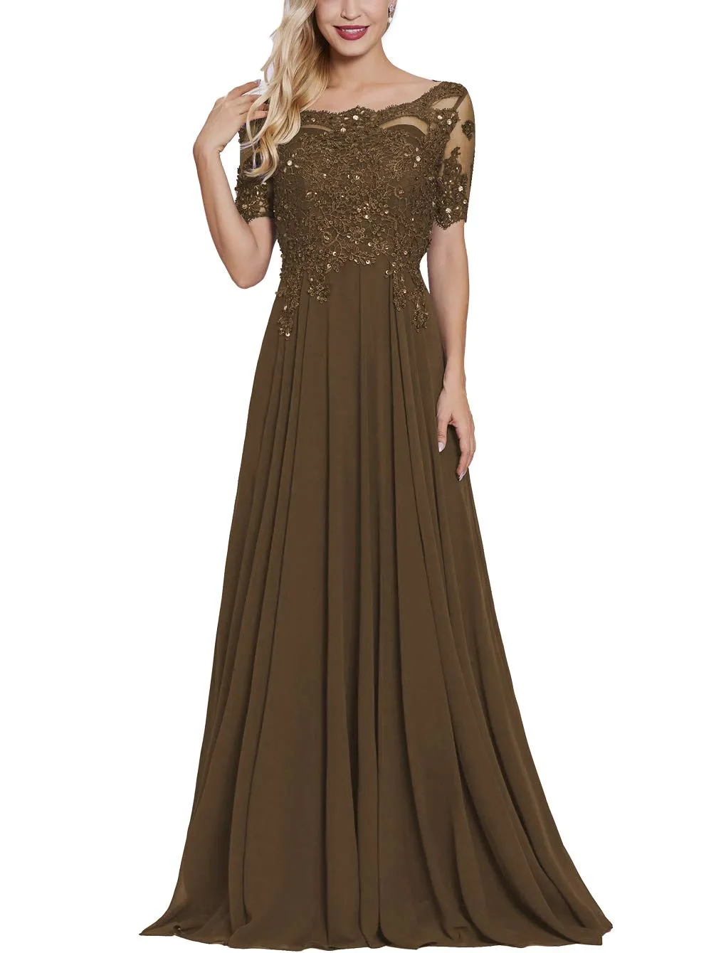 Brown Women's Long Mother of The Bride Dresses with Sleeves Bateau Neck Beaded Chiffon Maxi Lace Formal Evening Gowns - Lover Kiss