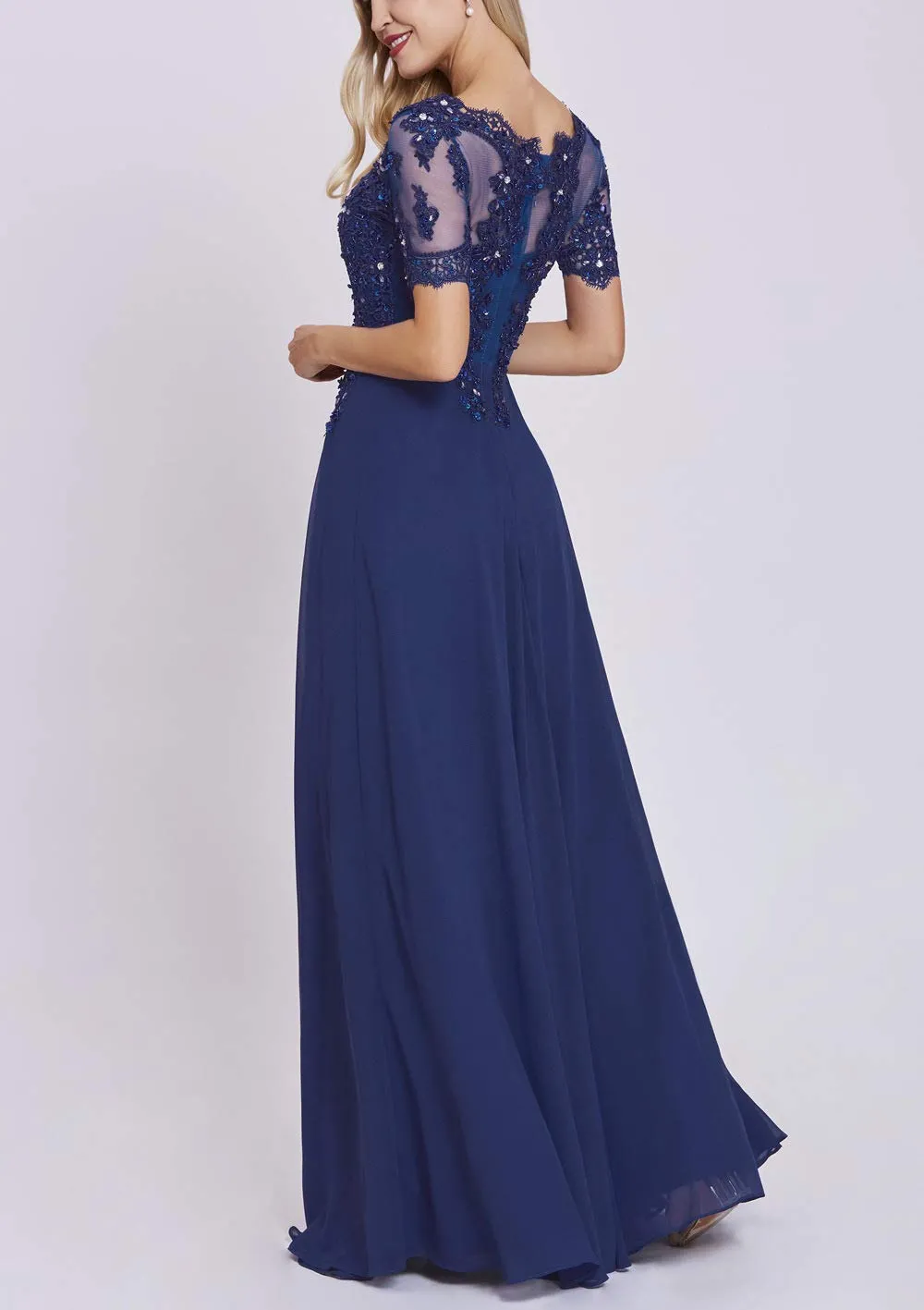 Brown Women's Long Mother of The Bride Dresses with Sleeves Bateau Neck Beaded Chiffon Maxi Lace Formal Evening Gowns - Lover Kiss
