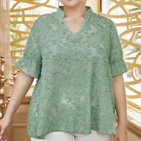 Buddha Stones PLUS SIZE LightGreen Casual Plain Lace Trim Half Sleeve Women's T-Shirt