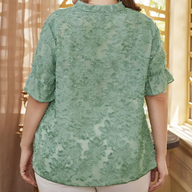 Buddha Stones PLUS SIZE LightGreen Casual Plain Lace Trim Half Sleeve Women's T-Shirt