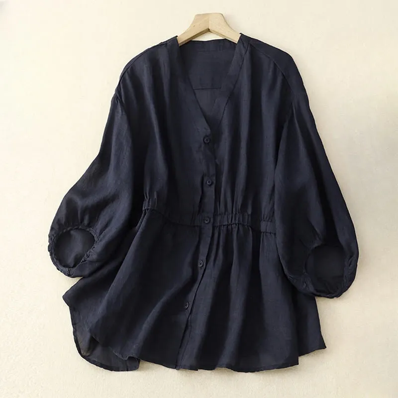 Buddha Stones Spring Plain Button Half Puff Sleeve Waisted V-Neck Cotton Linen Women's Shirt