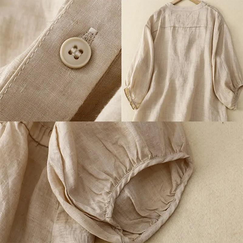 Buddha Stones Spring Plain Button Half Puff Sleeve Waisted V-Neck Cotton Linen Women's Shirt