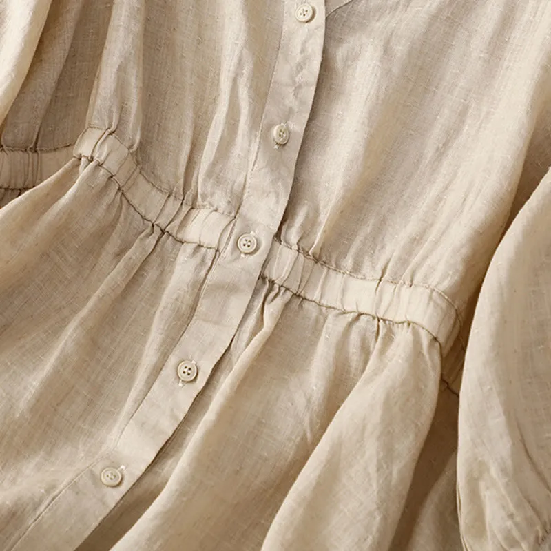 Buddha Stones Spring Plain Button Half Puff Sleeve Waisted V-Neck Cotton Linen Women's Shirt