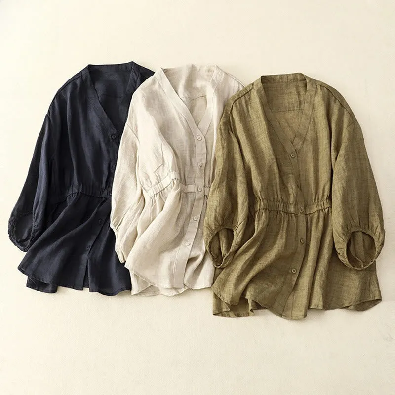 Buddha Stones Spring Plain Button Half Puff Sleeve Waisted V-Neck Cotton Linen Women's Shirt