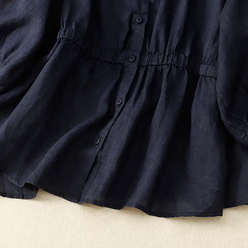 Buddha Stones Spring Plain Button Half Puff Sleeve Waisted V-Neck Cotton Linen Women's Shirt