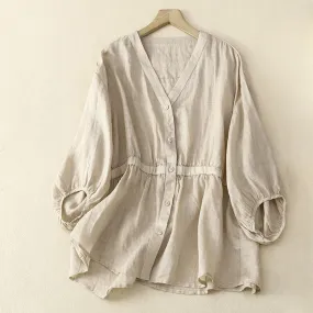 Buddha Stones Spring Plain Button Half Puff Sleeve Waisted V-Neck Cotton Linen Women's Shirt