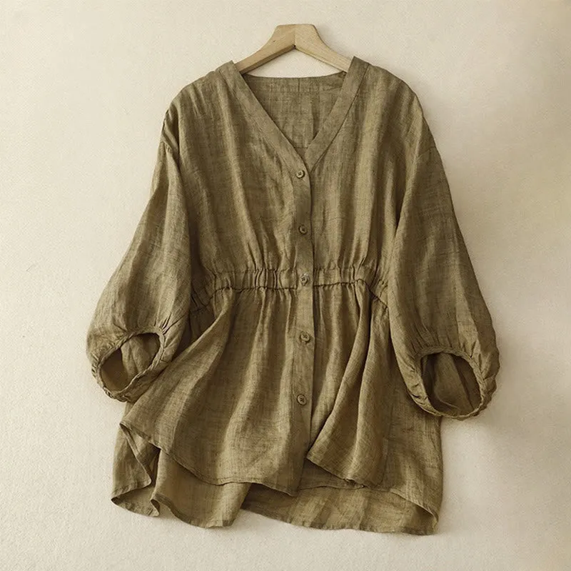 Buddha Stones Spring Plain Button Half Puff Sleeve Waisted V-Neck Cotton Linen Women's Shirt
