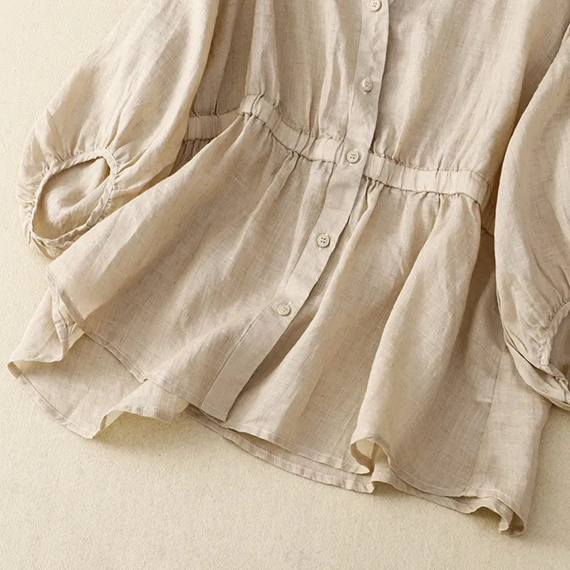 Buddha Stones Spring Plain Button Half Puff Sleeve Waisted V-Neck Cotton Linen Women's Shirt