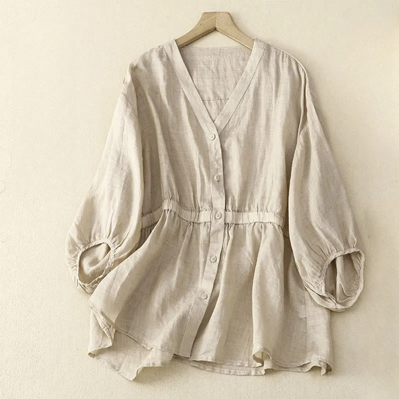 Buddha Stones Spring Plain Button Half Puff Sleeve Waisted V-Neck Cotton Linen Women's Shirt