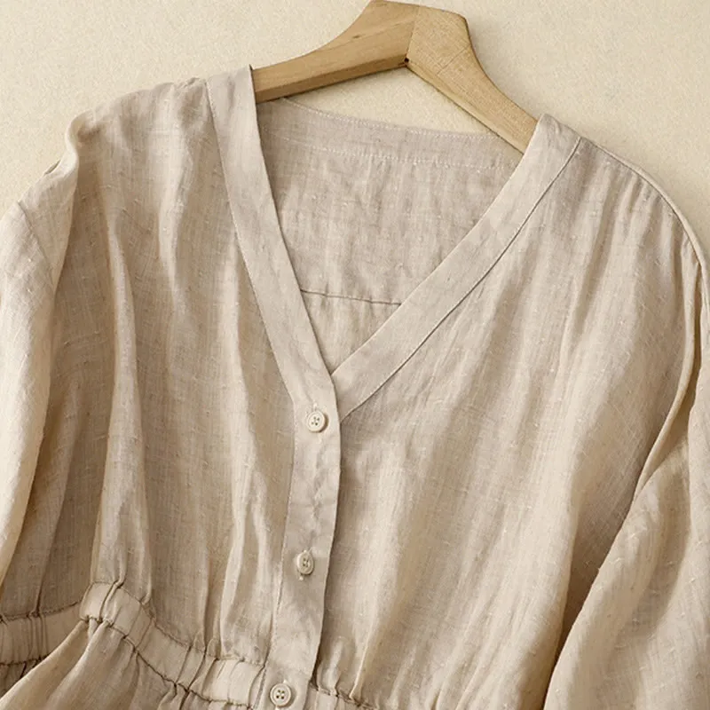 Buddha Stones Spring Plain Button Half Puff Sleeve Waisted V-Neck Cotton Linen Women's Shirt