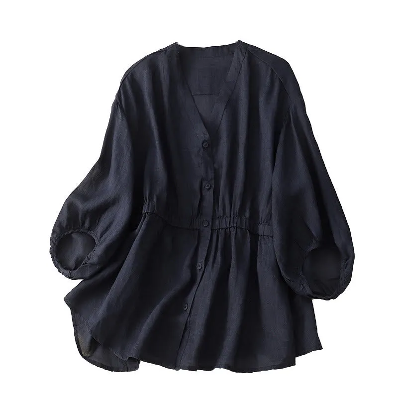 Buddha Stones Spring Plain Button Half Puff Sleeve Waisted V-Neck Cotton Linen Women's Shirt