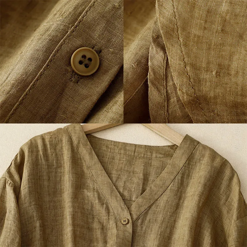 Buddha Stones Spring Plain Button Half Puff Sleeve Waisted V-Neck Cotton Linen Women's Shirt