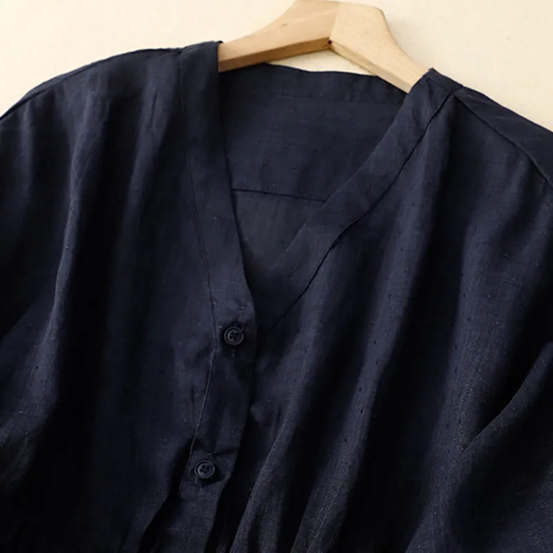 Buddha Stones Spring Plain Button Half Puff Sleeve Waisted V-Neck Cotton Linen Women's Shirt